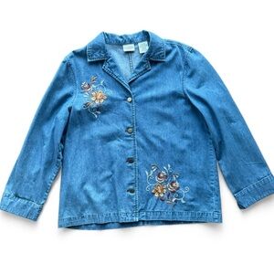 Classic Elements 100% Cotton Denim Shacket with Embroidered Floral Accents L P